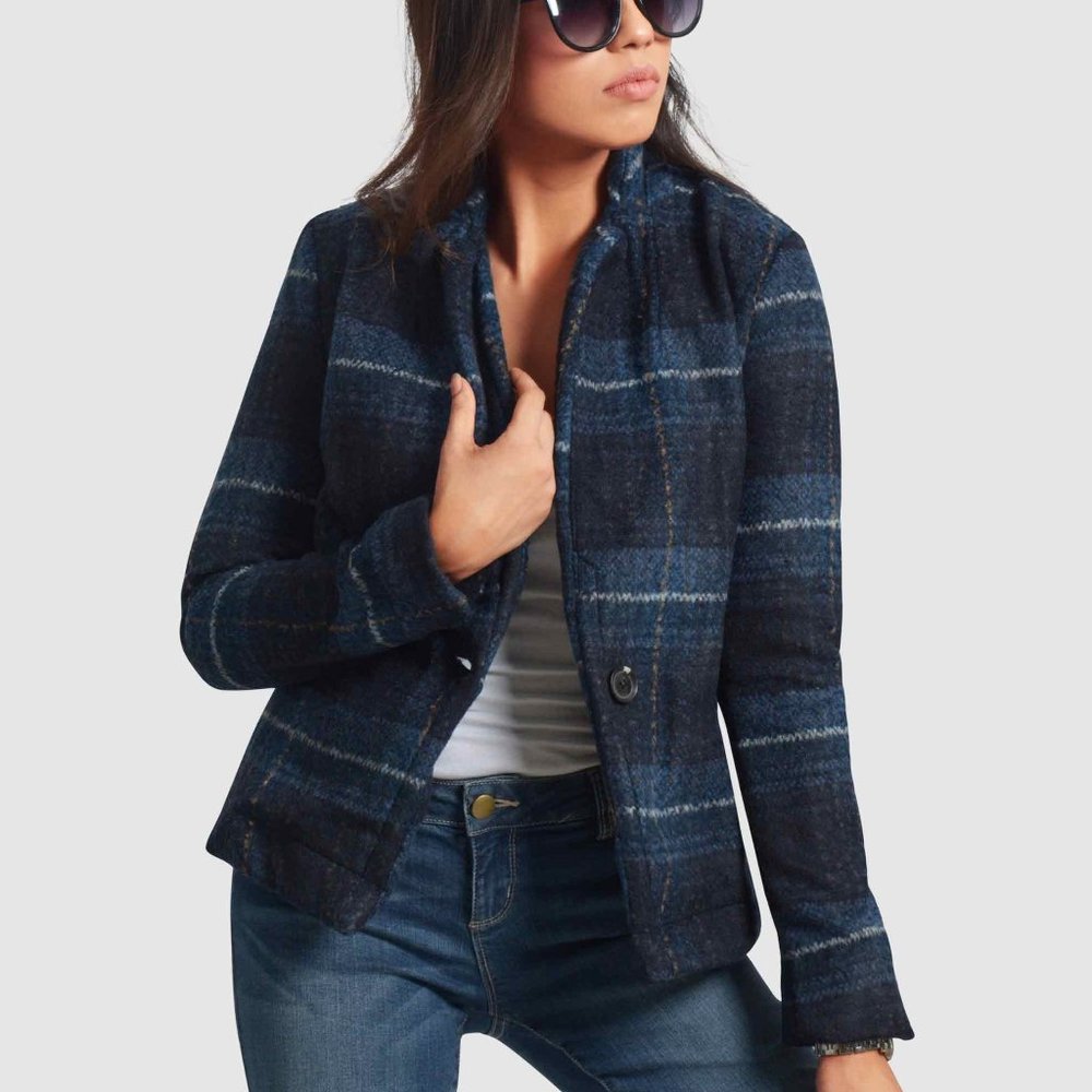 OLGYN Women Single Breasted Plaid Checkered Blazer